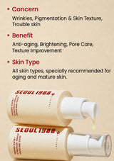 Skincare product with text about concerns, benefits, and skin types on a beige background