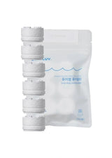 Five white cylindrical replacement filters stacked vertically next to a white resealable pouch with blue text and wave graphics on a plain white background.