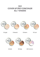 TFIT Cover Up Pro Concealer — all 7 shades on white with the locked Poppins Medium header