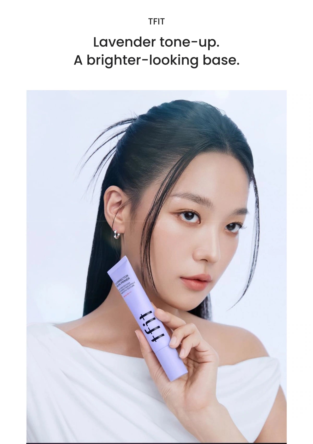 TFIT Corrector Sun Primer SPF50+ PA++++ Lavender Veil โ Lavender colour correction balances yellow undertones with a soft lotion finish and SPF50+ PA++++.