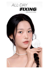 TFIT all-day fixing editorial with the model holding the renewed Translucent Set Finishing Powder compact