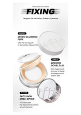 TFIT powder micro-blurring puff, locking double lid and precision mesh sifter shown in a complete exploded packaging view