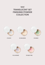 TFIT Translucent Set Finishing Powder collection: 01 White, 02 Skin Beige, 03 Green, 04 Lavender and 05 Baby Pink, renewed 2026 packaging