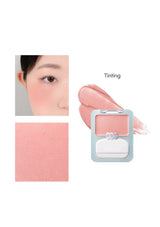 Makeup compact with blush color swatch and application on skin