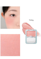 Makeup compact with blush color swatch and application on skin