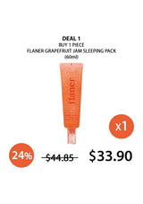 Flaner grapefruit jam sleeping pack with promotional pricing on a white background