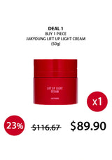 Red jar of Jakyung Lift Up Light Cream with promotional text on a white background