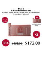 Advertisement for ILO Olive Young Collagen Biotin Ampoule with pricing and deal information.