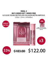 Advertisement for ILO Olive Young Bestseller Collagen Biotin Ampoule with packaging and pricing details.