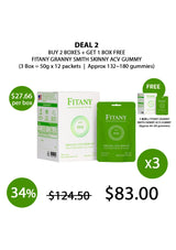 Promotional graphic for Fitany Granny Smith Skinny ACV Gummy with packaging and pricing details.