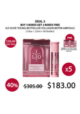Advertisement for ILO Olive Young Bestseller Collagen Biotin Ampoule with packaging and promotional text on a white background.