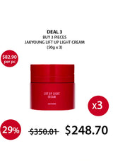 Red jar of JAKYOUNG Lift Up Light Cream with promotional text on a white background