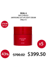 Red jar of Jakyung Lift Up Light Cream with promotional text on a white background