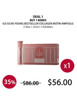 Advertisement for LO Olive Young collagen biotin ampoule with a discount label.