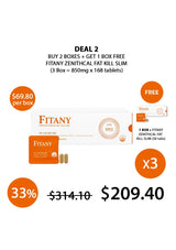 Promotional graphic for Fitany Zenithcal Fat Kill Slim with pricing and deal information.