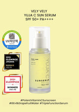 Vely Vely Yuja C Sun Serum bottle with awards on a yellow background