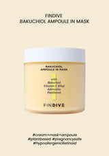A jar of FINDIVE Bakuchiol Ampoule in Mask, with the product details and hashtags visible on the label.