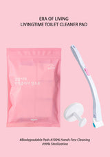 The image shows a pink package labeled 'ERA OF LIVING LIVINGTIME TOILET CLEANER PAD', with a visual depiction of the toilet cleaning pad and the one-touch handle mentioned in the product description.