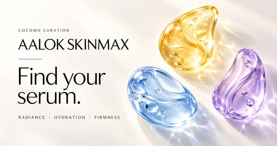 AALOK SkinMax serum guide at COCOMO with abstract yellow, blue and purple droplets