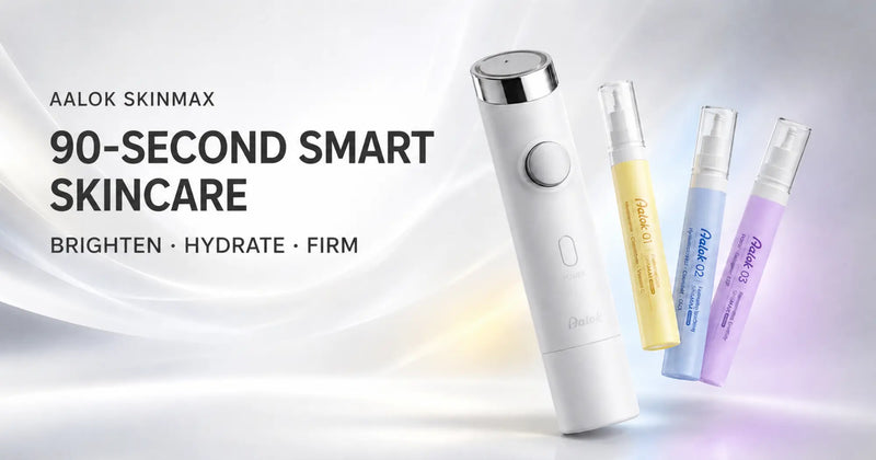 AALOK SkinMax facial device with Yellow Radiance Glow, Blue Hydrating Soothing and Purple Rejuvenating Elasticity serum cartridges