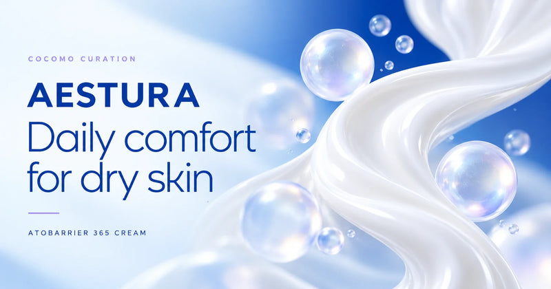 AESTURA Atobarrier 365 Cream guide at COCOMO: daily comfort for dry skin, with abstract cream and capsule illustrations