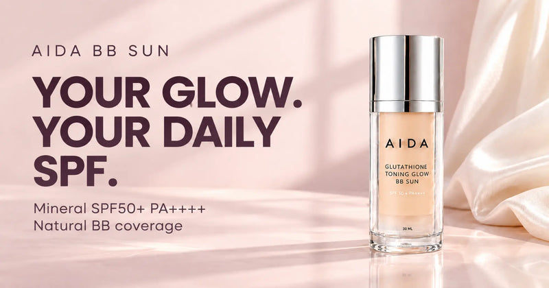 AIDA BB Sun beside the headline Your Glow, Your Daily SPF, with mineral SPF50+ PA++++ and natural BB coverage on a blush background