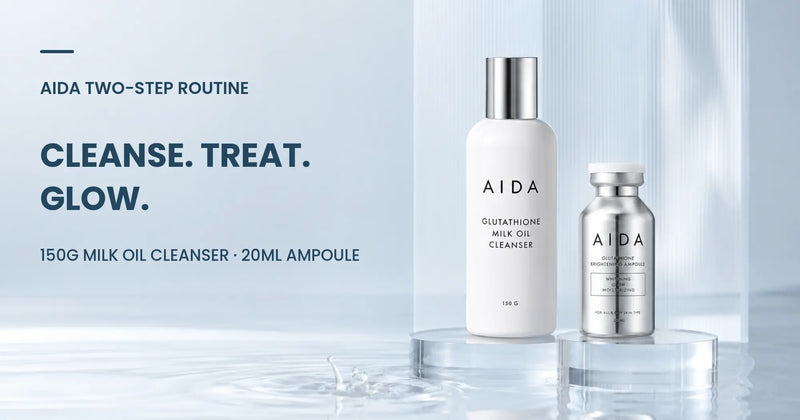 AIDA Milk Oil Cleanser 150g and Brightening Ampoule 20ml beside the Cleanse, Treat, Glow headline