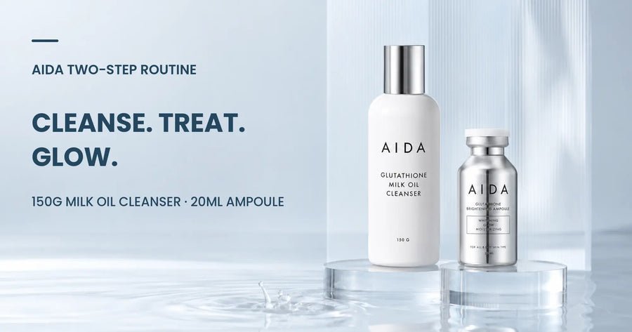 AIDA Milk Oil Cleanser 150g and Brightening Ampoule 20ml beside the Cleanse, Treat, Glow headline
