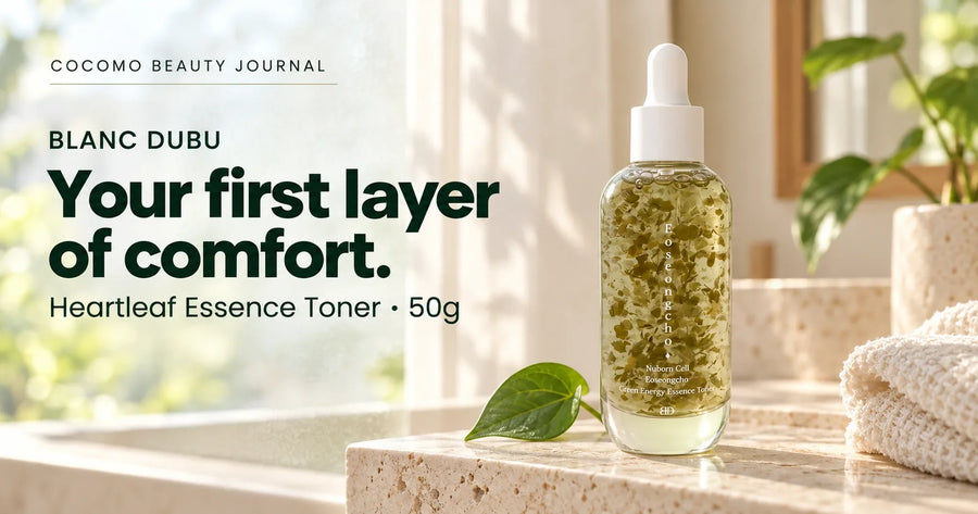 BLANC DUBU Heartleaf Essence Toner 50g with a white dropper and visible leaf particles beside the headline Your first layer of comfort.
