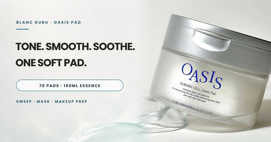 Blanc Dubu Oasis Pad toner-pad guide with the genuine opaque 70-pad jar