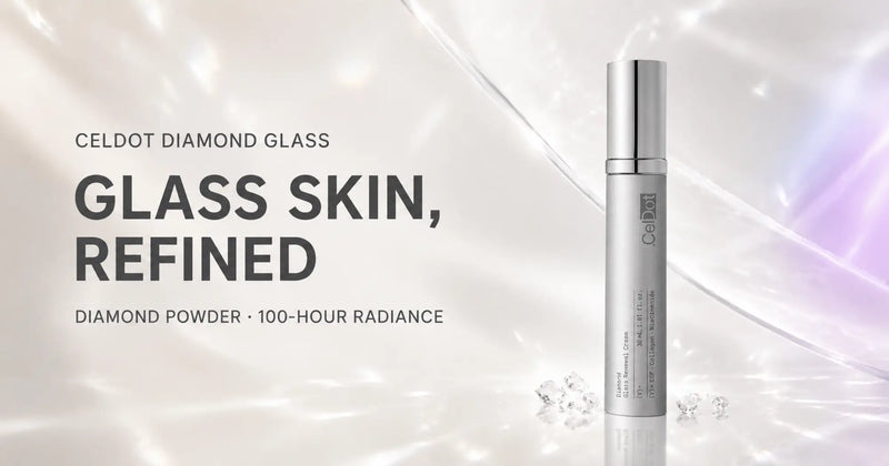 CELDOT Diamond Glass Renewal Cream tube beside the headline “Glass Skin, Refined.”