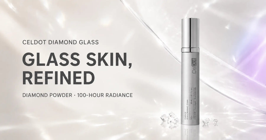 CELDOT Diamond Glass Renewal Cream tube beside the headline “Glass Skin, Refined.”