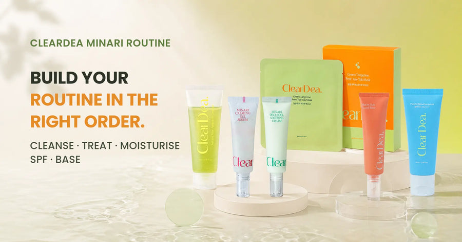 Six ClearDea routine products staged on fresh citrus and ivory plinths