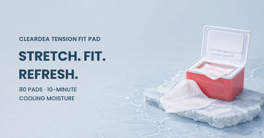 ClearDea Tension Fit Pad container and stretchy pad in a cooling blue skincare banner