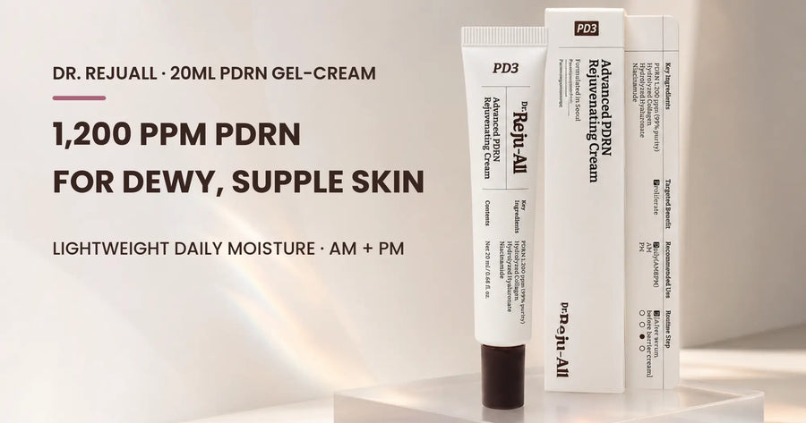 DR. REJUALL Advanced PDRN Rejuvenating Cream 20ml tube and carton on a frosted ivory plinth