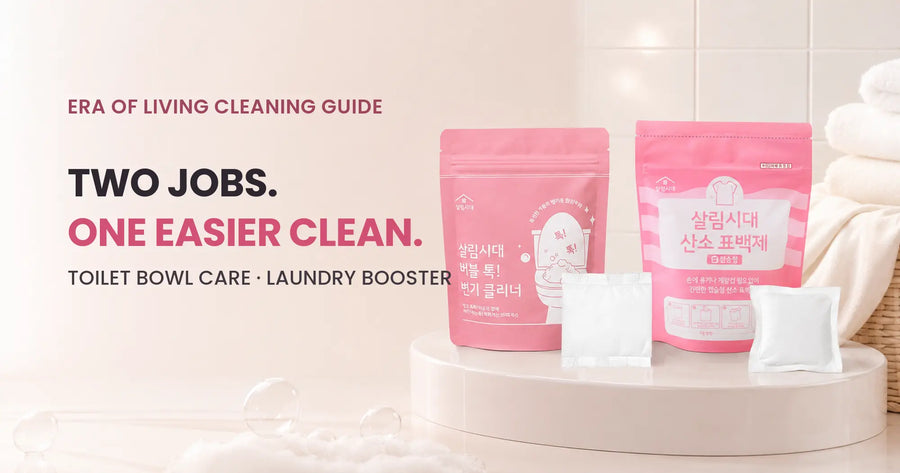 ERA OF LIVING Bubble Tok Toilet Cleaner and Oxygen Bleach staged with dose packs on a blush plinth