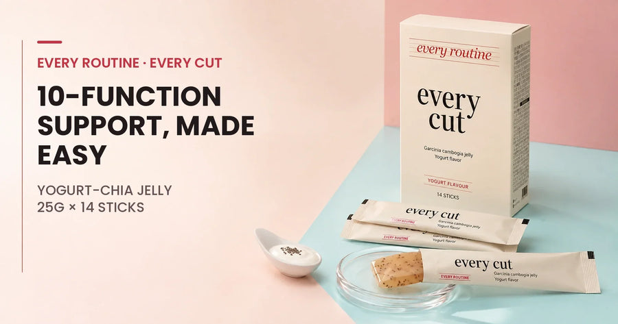 EVERY CUT Diet Jelly box, sticks and yogurt-chia jelly beside the 10-function support headline