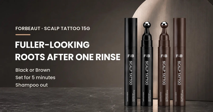  FORBEAUT Scalp Tattoo 15g in Black and Brown with rounded roller applicators in a dark salon banner