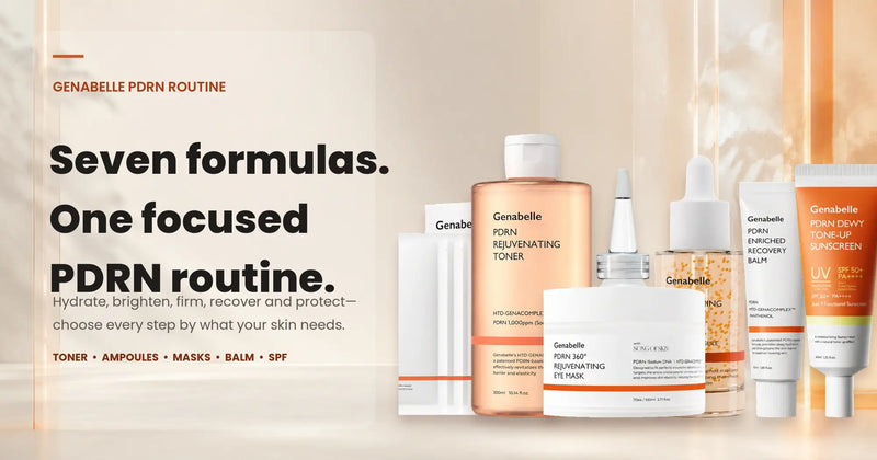 Seven Genabelle PDRN skincare products arranged beside a routine guide headline