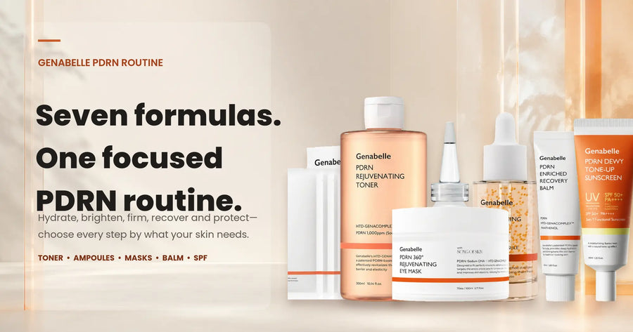 Seven Genabelle PDRN skincare products arranged beside a routine guide headline