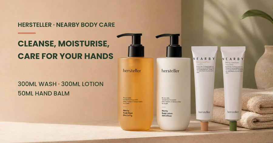 HERSTELLER Nearby 300ml Body Wash, 300ml Body Lotion and both 50ml Intense Hand Balm options, About Time and Before Sunrise