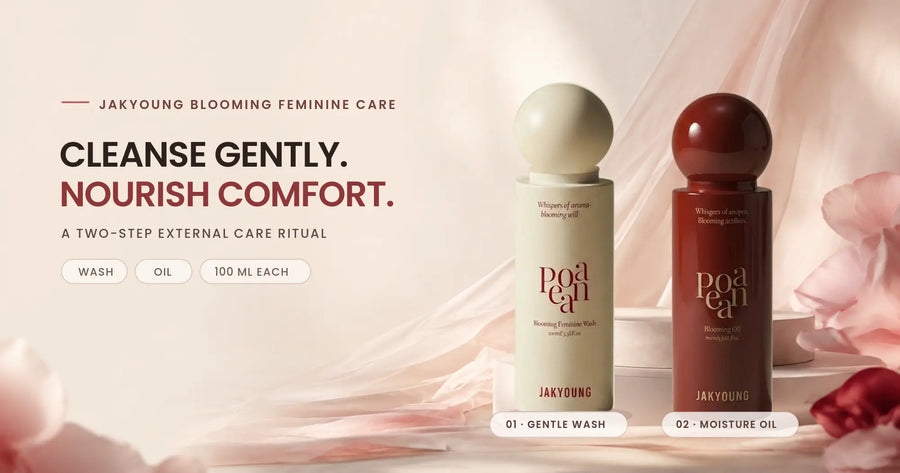 JAKYOUNG Peaona Blooming Feminine Wash and Peoana Blooming Oil beside the headline “Cleanse Gently. Nourish Comfort.”
