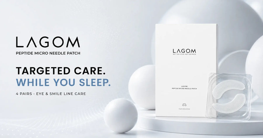 LAGOM Peptide Micro Needle Patch box and crescent patches beside the headline “Targeted Care. While You Sleep.”