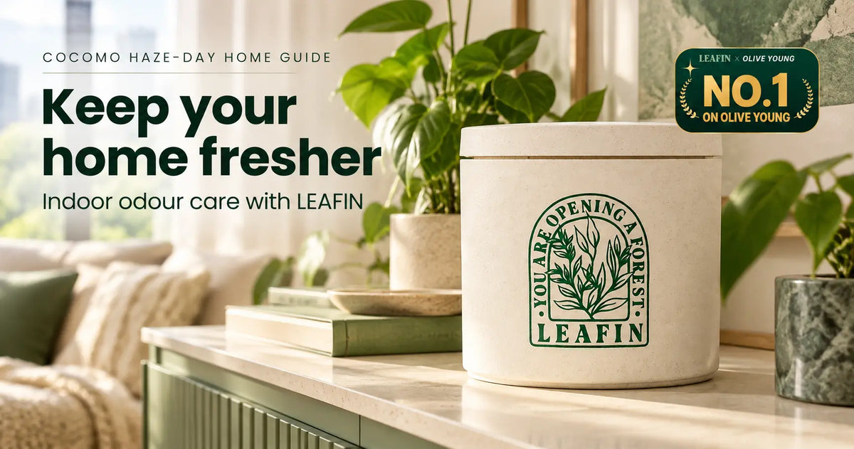 LEAFIN Indoor Solid Deodorizer 300g jar with its botanical label and Olive Young badge beside the headline Keep your home fresher