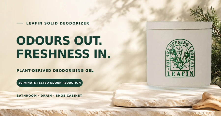LEAFIN Solid Deodorizer container beside the headline “Odours Out. Freshness In.”