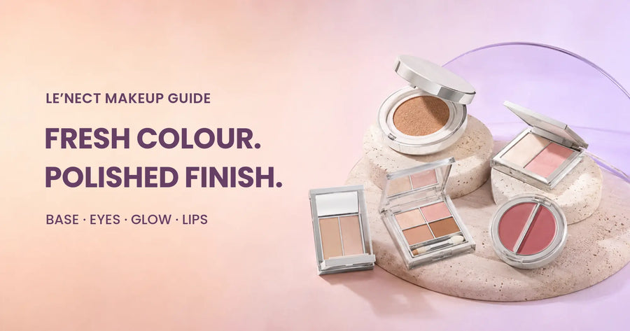 LE’NECT cushion, eye palette, highlighter and lip colours in a makeup guide banner
