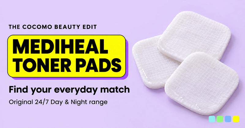 Illustrated COCOMO guide to choosing MEDIHEAL toner pads from the original 24/7 Day and Night range
