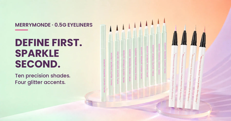 MERRYMONDE Super Twim and Better Twim Glitter eyeliners beside the headline Define First, Sparkle Second
