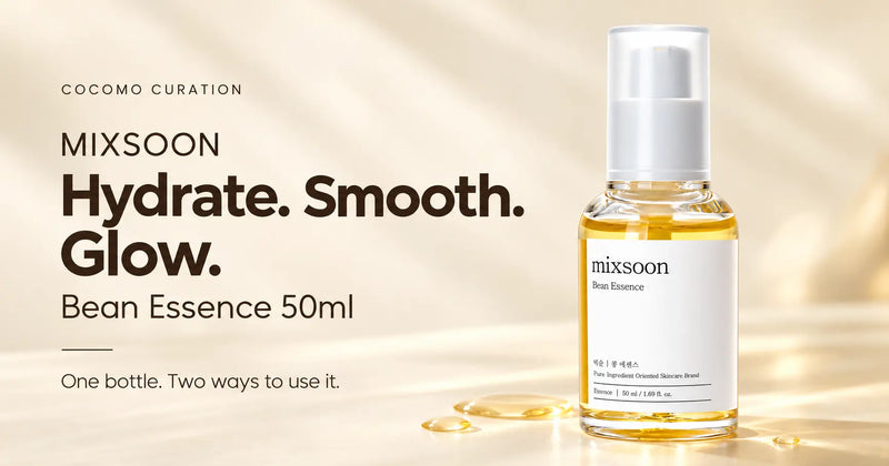 MIXSOON Bean Essence 50ml bottle at COCOMO with Hydrate. Smooth. Glow. headline on a warm cream background