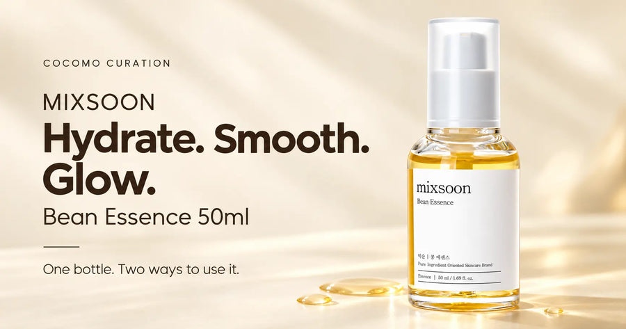 MIXSOON Bean Essence 50ml bottle at COCOMO with Hydrate. Smooth. Glow. headline on a warm cream background
